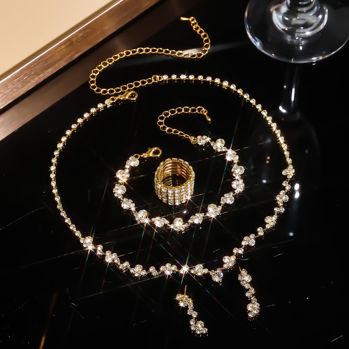 Wedding Jewelry Sets for Brides Rhinestone Necklace and Earring Set Bracelet Ring Gold Silver Prom Jewelry Sets Diamond Flower Teardrop Necklace for Women