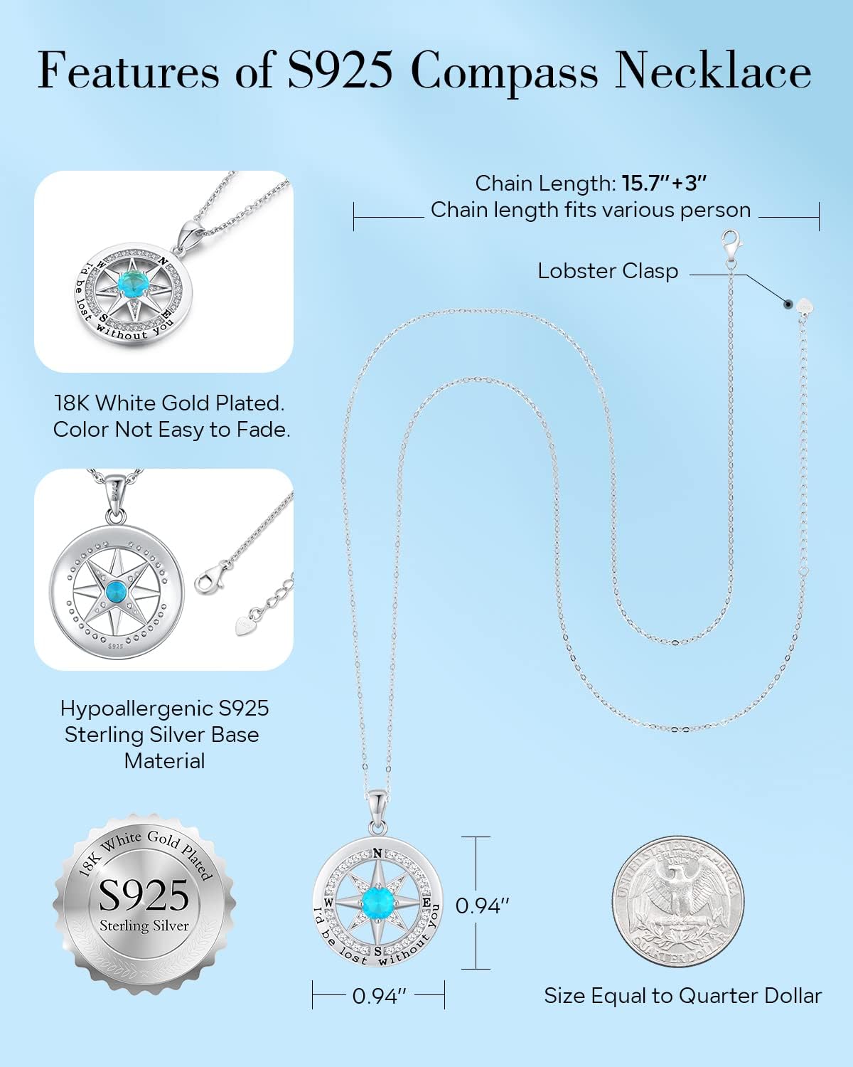 S925 Necklace Gift for Wife |Compass Jewelry |Women Anniversary |Sterling Silver |Girlfriend Birthday Gifts for Her Valentines |I'd be Lost without You |Jewel 18K Gold