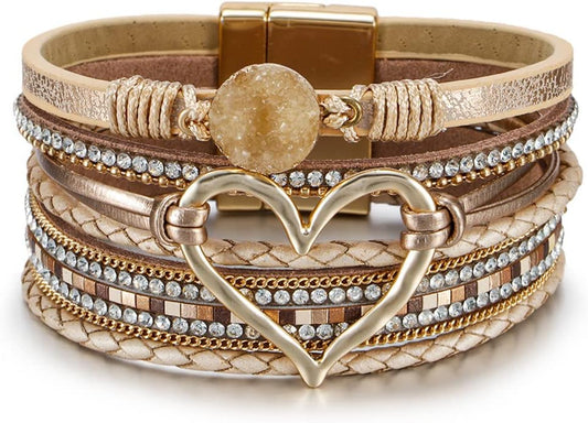 Fesciory Leopard Bracelet for Women, Boho Leather Wrap Multi-Layer Pearl Crystal Bracelet Bangle Jewelry