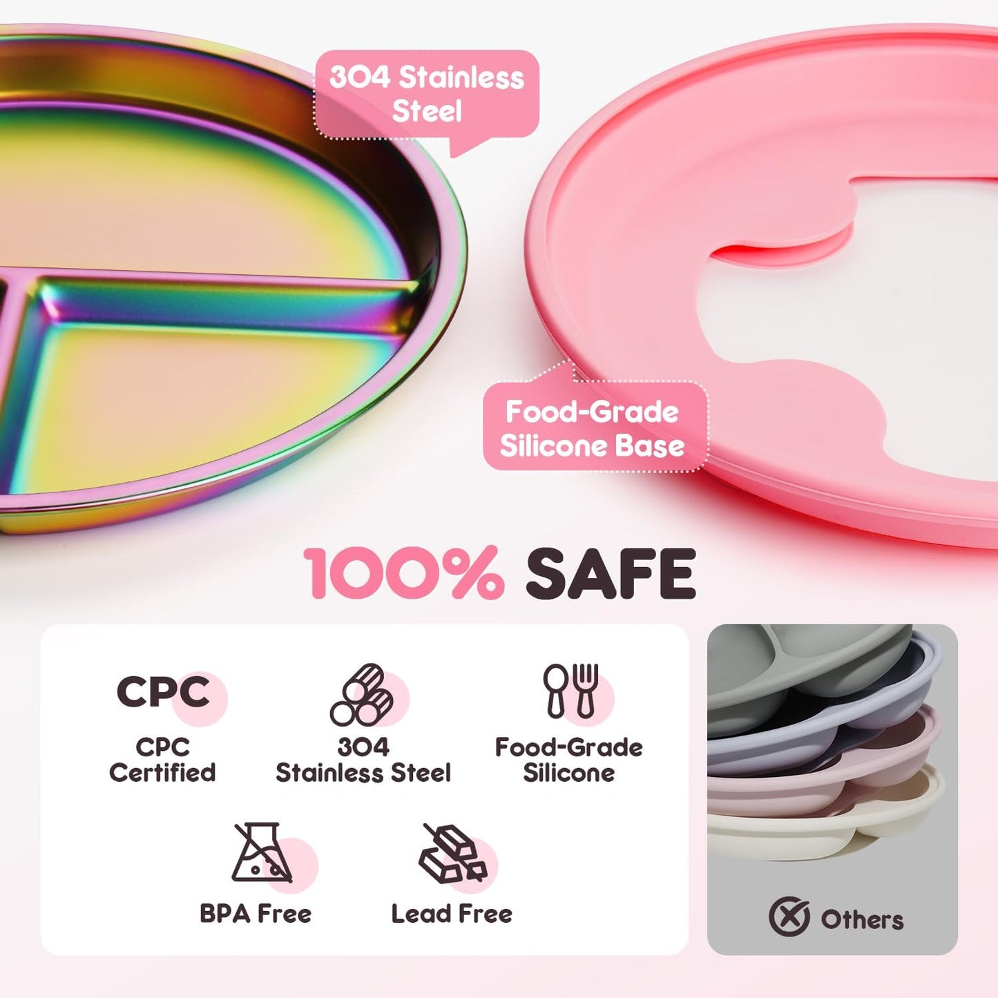 Stainless Steel Kids Plates with Suction, 9" BPA-Free Rainbow Toddler Plates 2pcs with Removable Food-Grade Silicone Base, Divided Baby Plates Dishwasher Safe, Pink & White