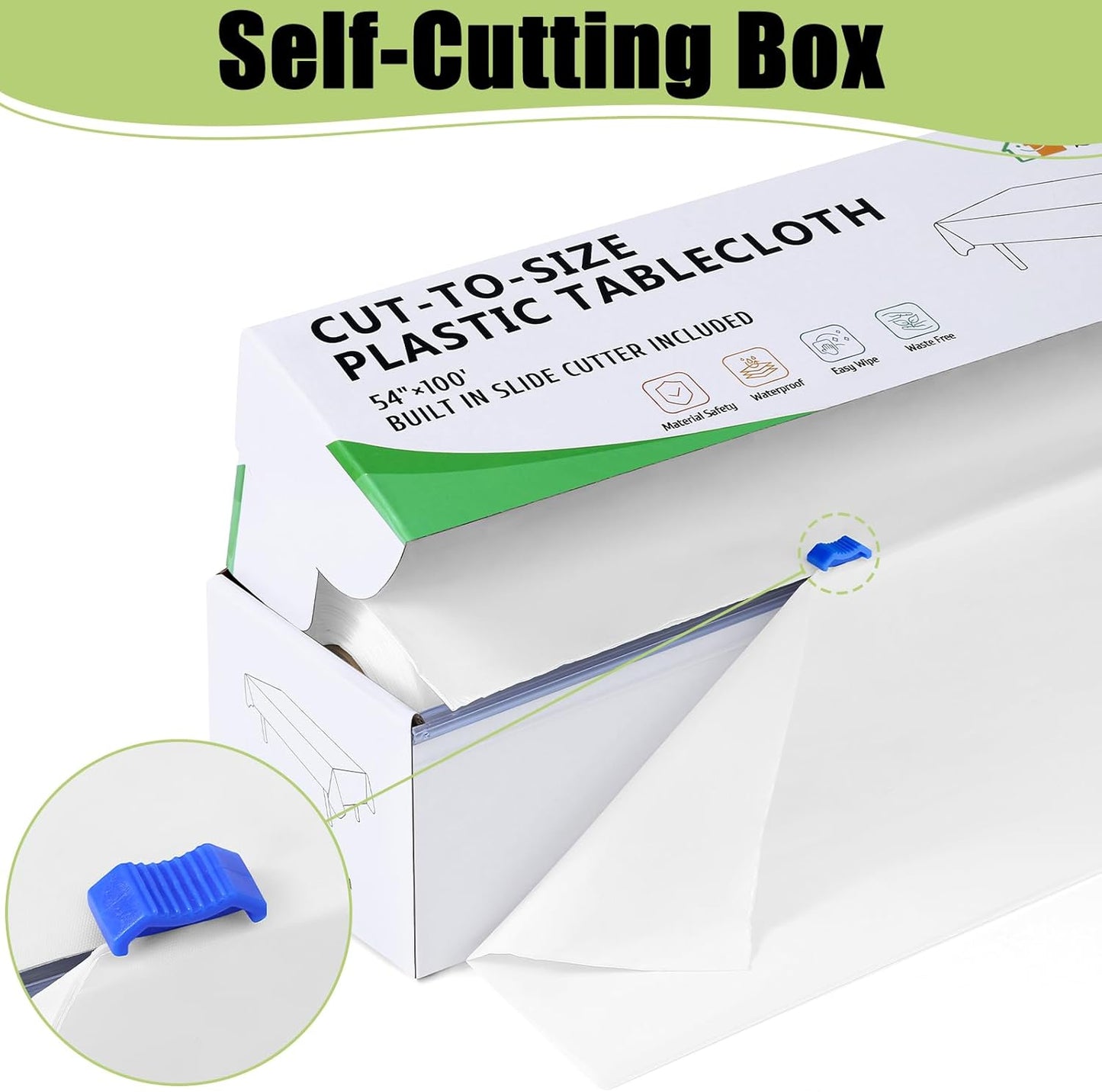 Smiry 54 Inch x 100 Feet Disposable Table Cover Roll, White Plastic Table Cloth in Cut-to-Size Box with Slide Cutter, Waterproof Rectangle Tablecloths for Weddings, Banquets, Outdoor