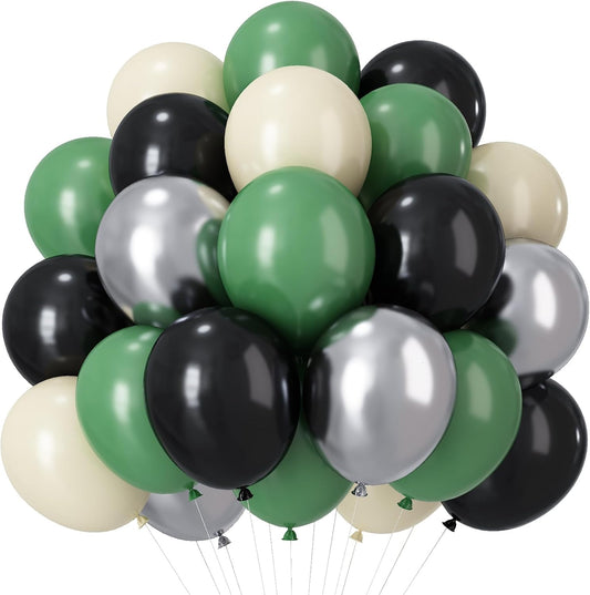Green and Black Balloons, 12 Inch Metallic Silver Green Sand White Black Party Balloons Soccer Game Helium Latex Balloon for Boys Birthday Baby Shower Gaming Football Theme Party Decorations