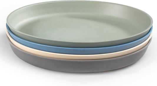 WeeSprout Bamboo Plates, Set of 4, Kid-Sized Dinnerware, Dishwasher Safe Melamine Dishware (Blue, Green, Gray, & Beige, Without Lids)