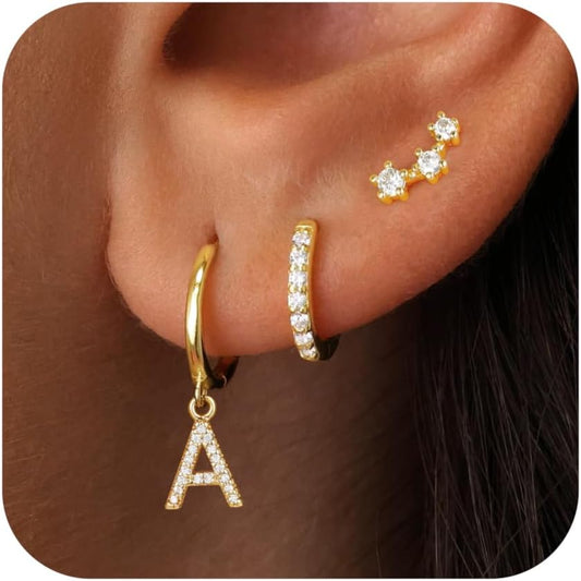 Gold Earrings for Women Girls - 3 Pairs Gold Huggie Hoop Earrings for Girls with Initial Dangle Cartilage Earrings Studs Hypoallergenic Earring Set for Multiple Piercing Gifts for Women Girl