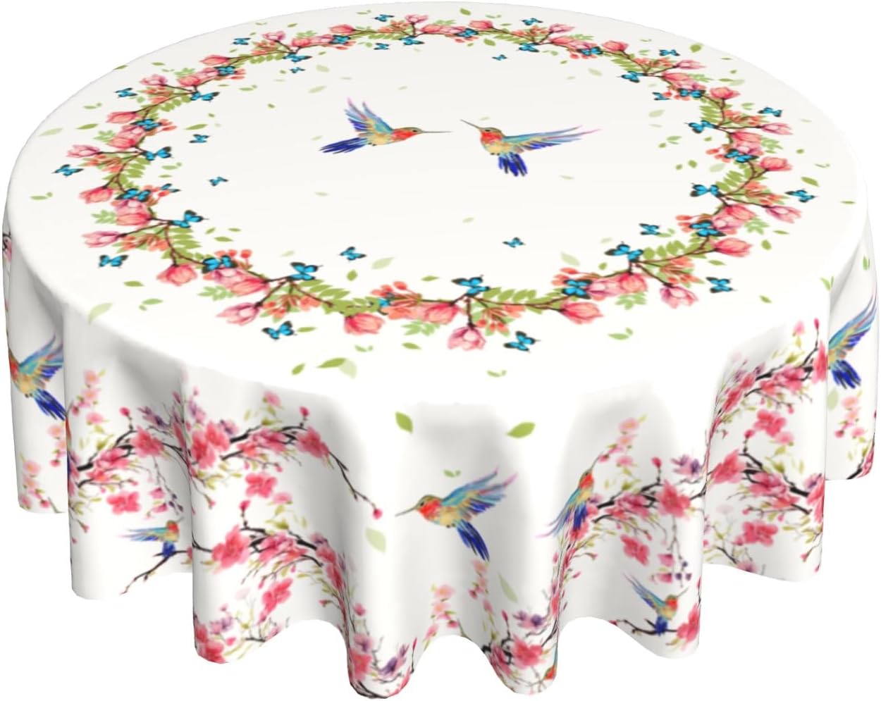 Giwawa Hummingbird Round Tablecloth 60 Inch, Spring Summer Flowers Butterflies Circle Table Cover, Colorful Floral Birds Wrinkle Heat Resistant Table Cloth for Kitchen Dining Farmhouse Decor