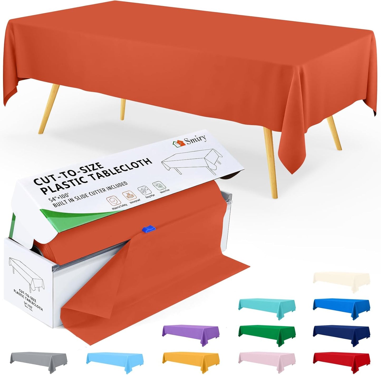 Smiry 54 Inch x 300 Feet Disposable Table Cover Roll, Orange Plastic Table Cloth in Cut-to-Size Box with Slide Cutter, Waterproof Rectangle Tablecloths for Weddings, Banquets, Outdoor