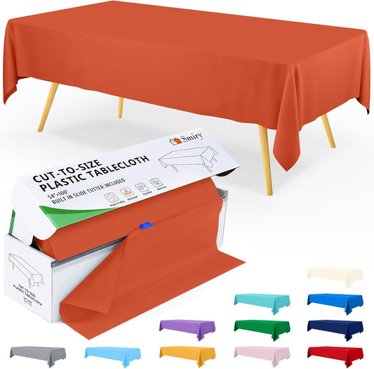 Smiry 54 Inch x 300 Feet Disposable Table Cover Roll, Orange Plastic Table Cloth in Cut-to-Size Box with Slide Cutter, Waterproof Rectangle Tablecloths for Weddings, Banquets, Outdoor
