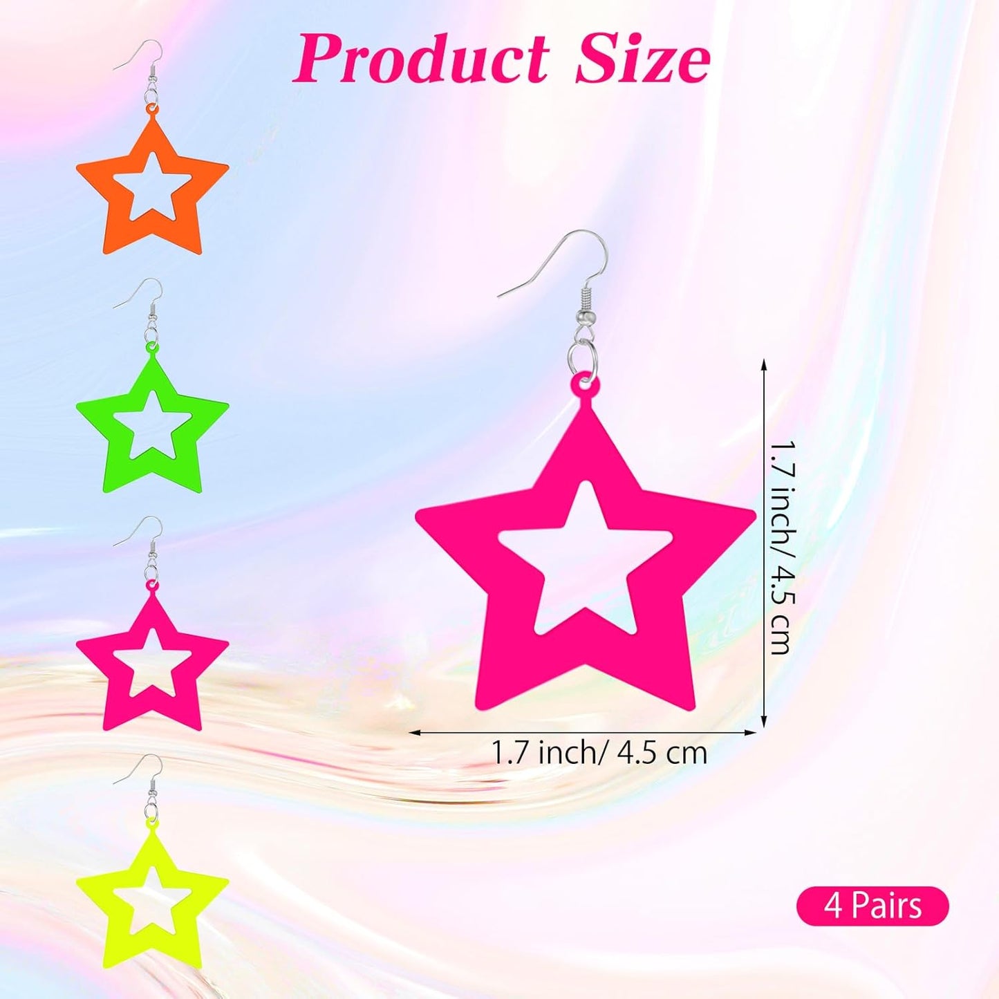 4 Pairs 80s 90s Neon Star Earrings for Women, Circular Drop Oval Jewelry Acrylic Retro Neon Dangle Earring for Costume Dancing Glow Party Outfit Accessories (Orange, Yellow, Green, Rose Red)