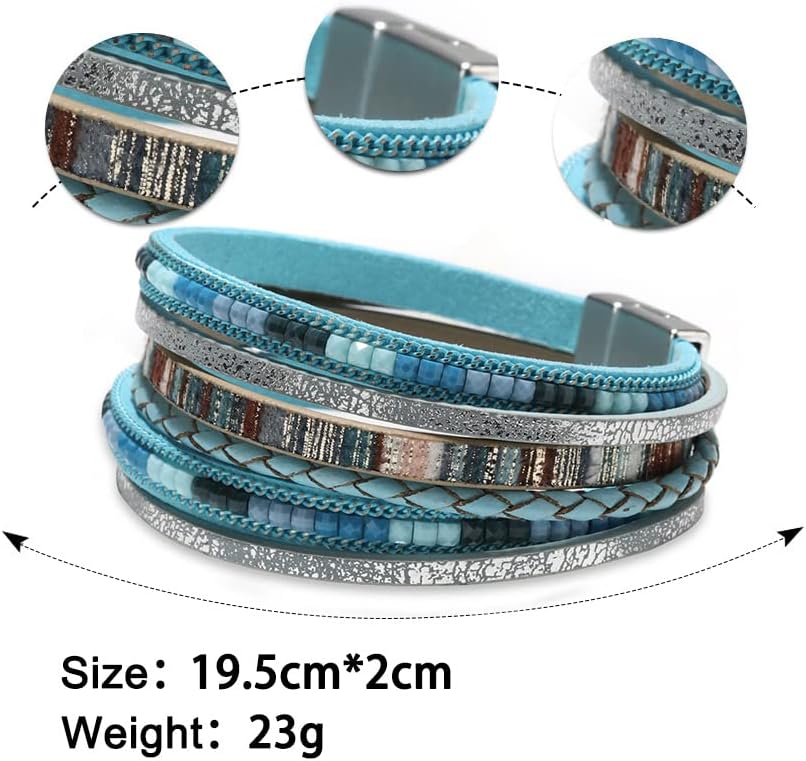 Fesciory Leather Wrap Bracelets for Women, Boho Leopard Multi-Layer Crystal Beads Cuff Bracelet Jewelry