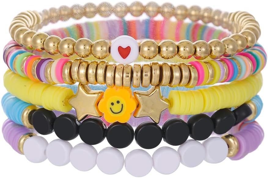 Friendship Bracelets for Women - Heishi Surfer Colorful Smile Evil Eye Clay Beaded Stretch Bracelets Elastic Layering - Stackable Boho Disc Y2K Aesthetic Summer Jewelry Set.