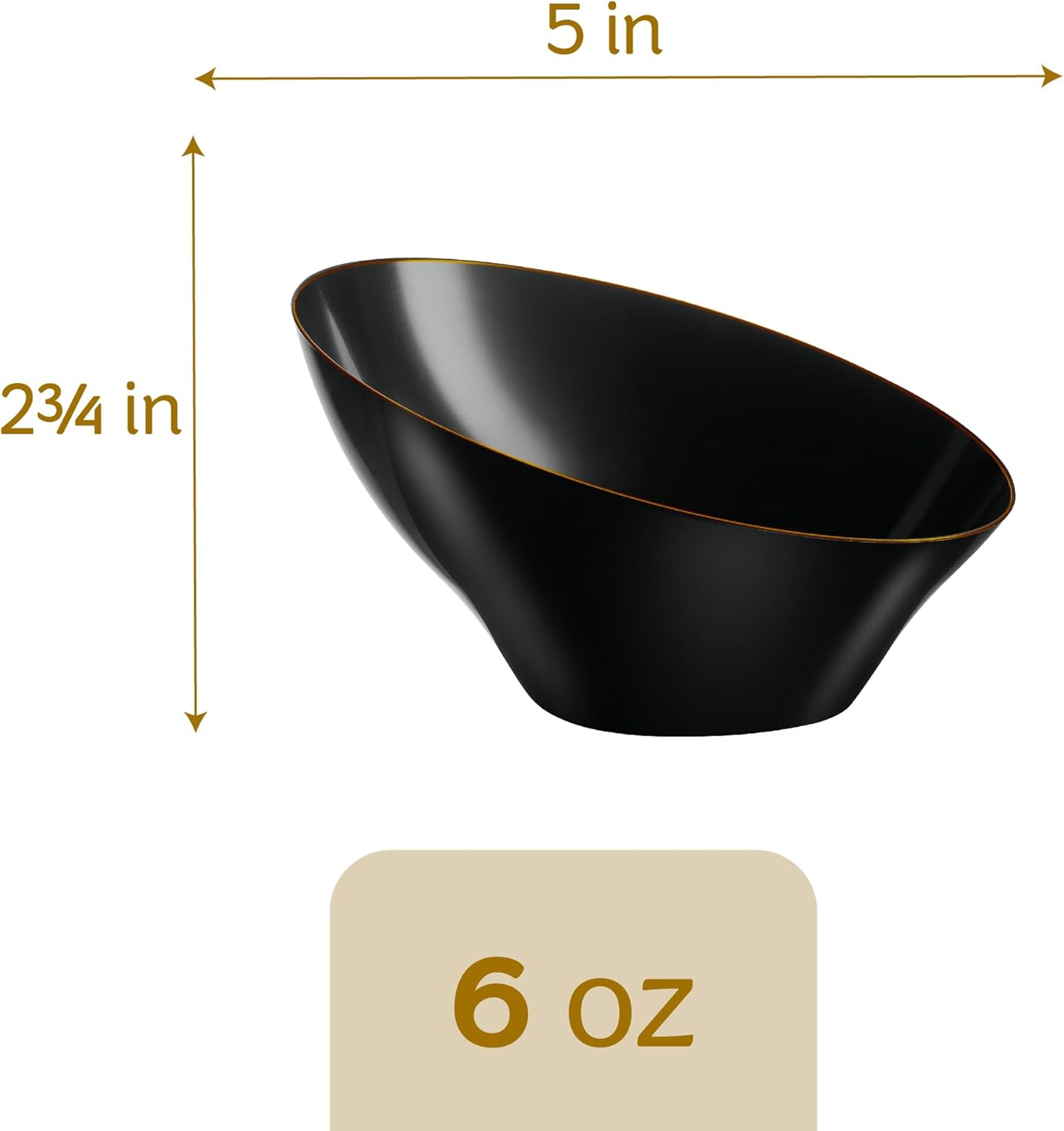 PLASTICPRO Angled Plastic Bowls Disposable Small Plastic Black Serving Bowls with Gold Rim for Party for Appetizer Salads Pack of 8
