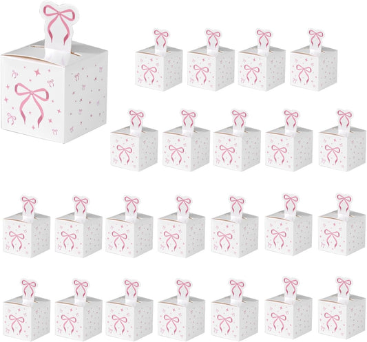 HappFestiv 24 Pcs Pink Bow Party Favor Boxes, 2.17inch Cute Foldable Goodie Boxes for Candy & Snacks, Treat Boxes for Bachelorette Bridal Shower, Birthday Party Supplies, Baby Shower Decorations