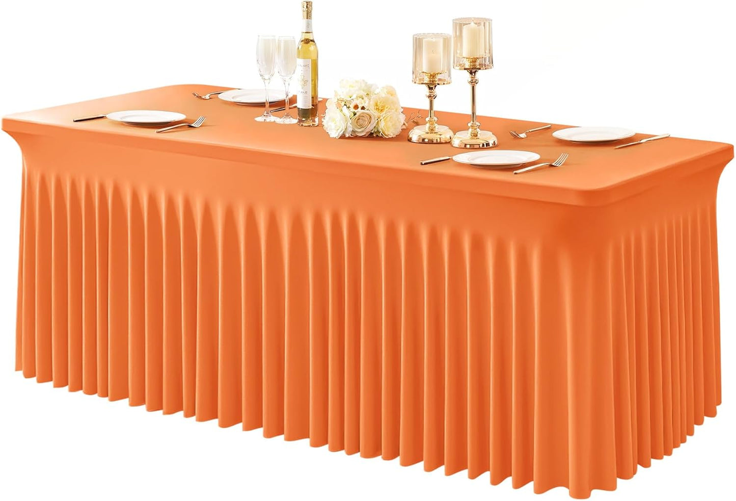 1 Pack Orange Table Clothes for 4 Foot Rectangle Tables, One-Piece Wrinkle Resistant Stretch Spandex Table Covers with Skirt for Event Banquet Wedding Birthday Party