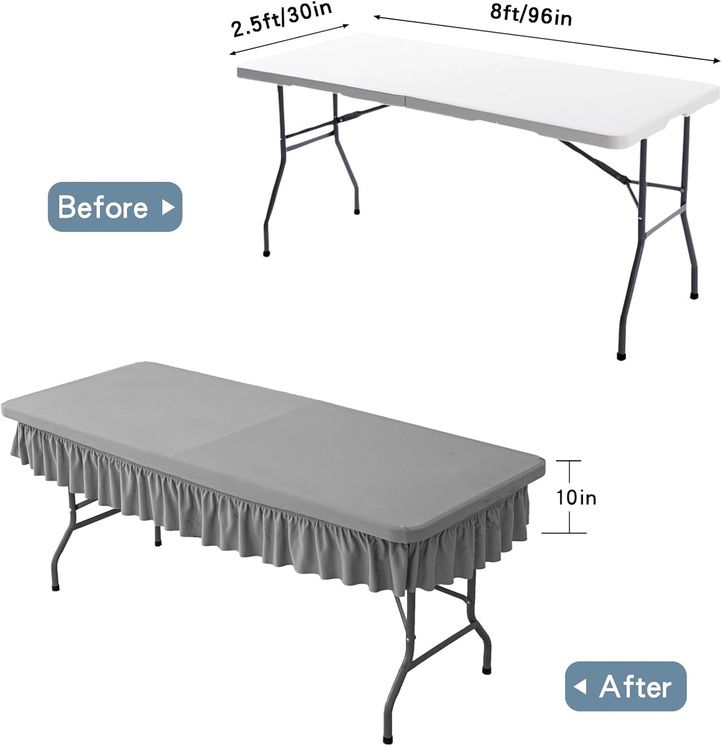 8ft Light Grey Stretch Tablecloth for Rectangular Tables - Flared Wrap Design, Waterproof, Wrinkle-Resistant, Washable - Ideal for Weddings, Parties, Banquets & Table Protection