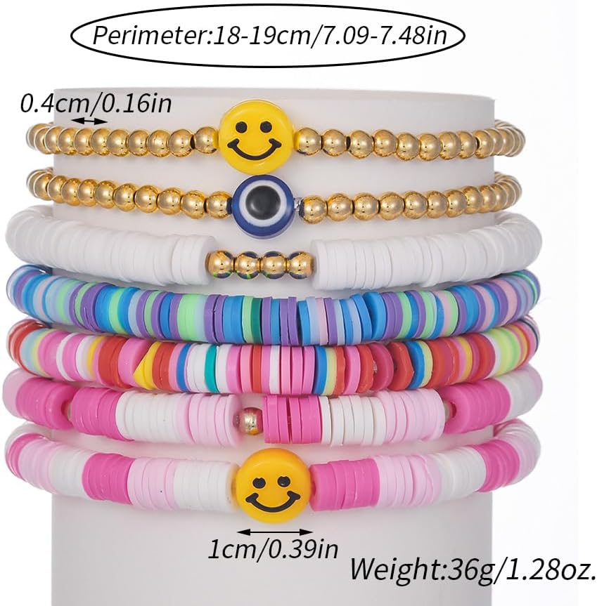 Friendship Bracelets for Women - Heishi Surfer Colorful Smile Evil Eye Clay Beaded Stretch Bracelets Elastic Layering - Stackable Boho Disc Y2K Aesthetic Summer Jewelry Set.