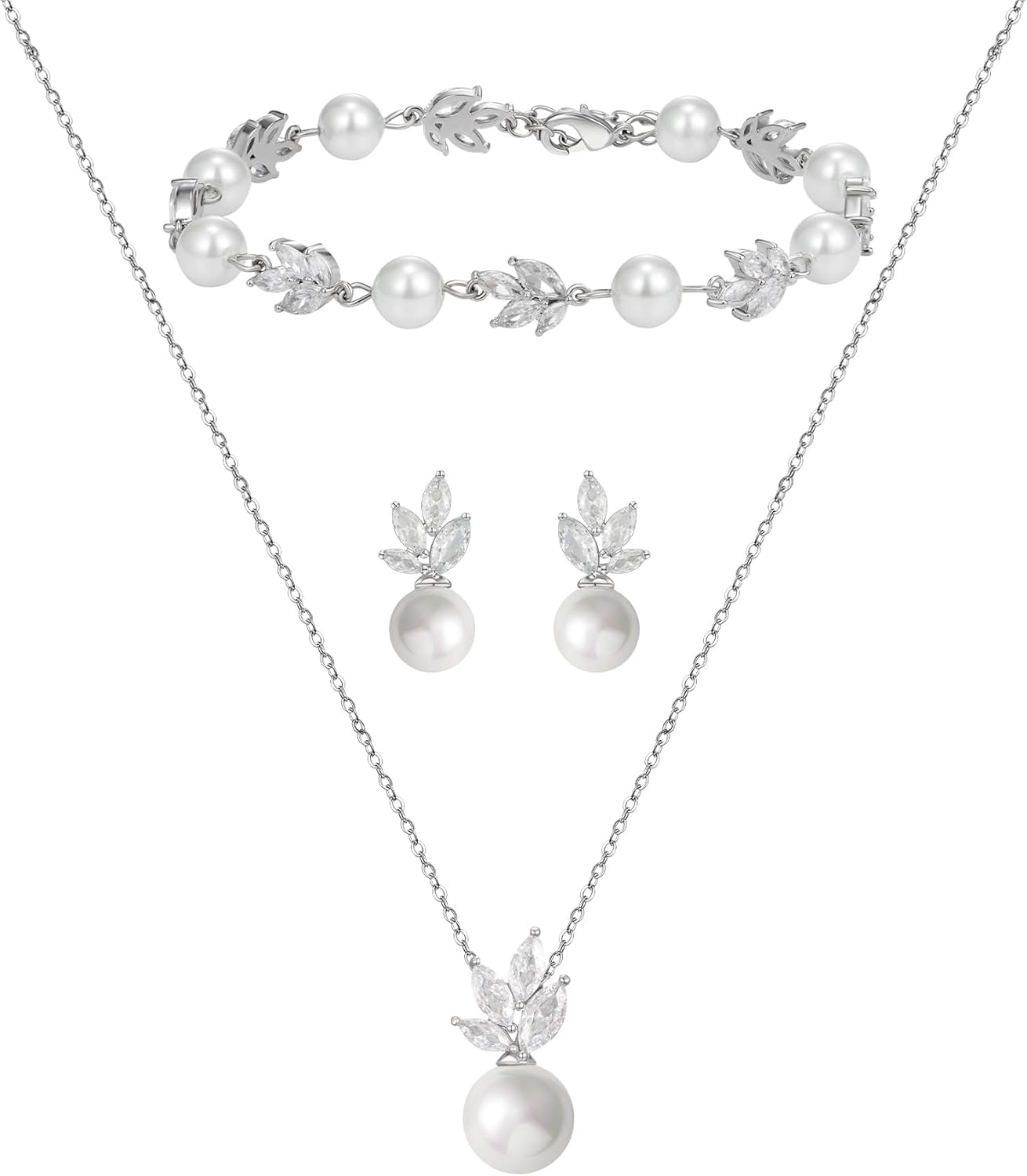 SWEETV Jewelry Set for Bride Women, Cubic Zirconia Pearl Bridal Earrings Necklace Bracelet Set, Bridal Jewelry Set for Wedding Prom