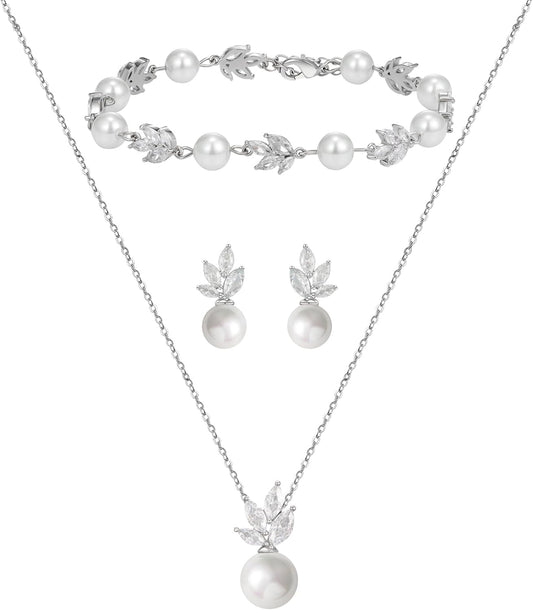 SWEETV Jewelry Set for Bride Women, Cubic Zirconia Pearl Bridal Earrings Necklace Bracelet Set, Bridal Jewelry Set for Wedding Prom