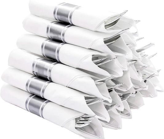 N9R 75 Pack Pre Rolled Silver Plastic Cutlery Set, 75 Pieces (75 Forks, 75 Knives, 75 Spoons, 75 Napkins), Disposable Silverware Set for Party, Wedding, Modern Style