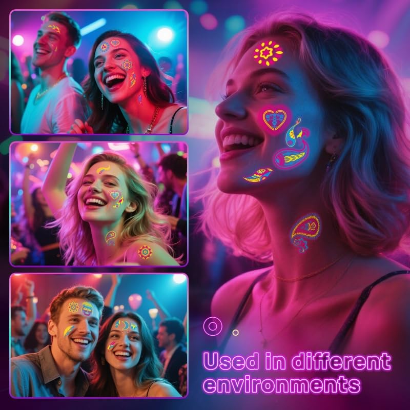 160 PCS Glow in The Dark Temporary Tattoos - Neon UV Blacklight Reactive Light Face Flash Tattoo Stickers,Festival Accessory Party Favors Supplies,Temp Great for EDM EDC Party Rave Parties 20 Sheet