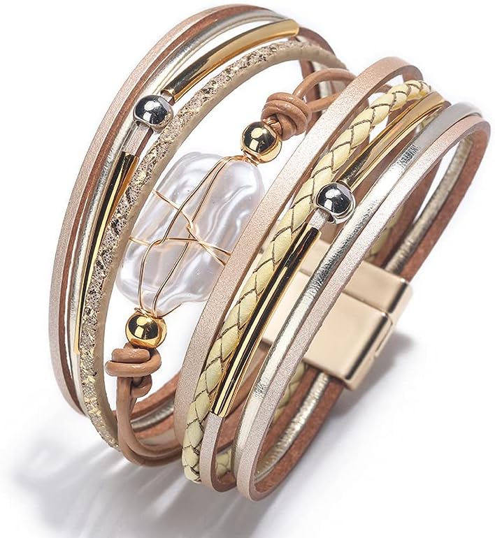 Fesciory Leopard Bracelet for Women, Boho Leather Wrap Multi-Layer Pearl Crystal Bracelet Bangle Jewelry