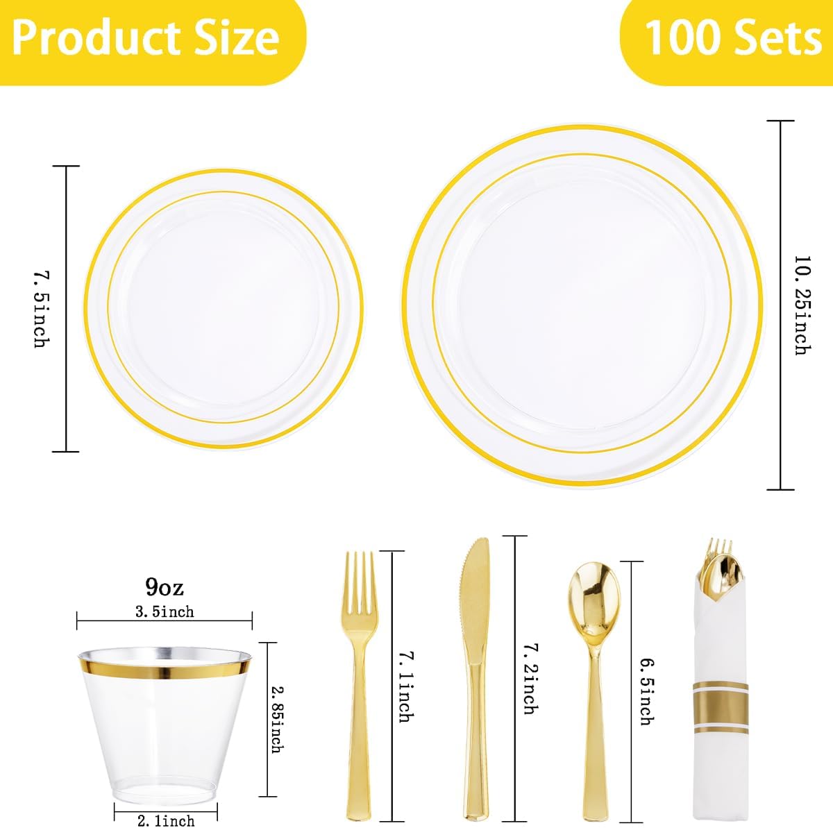 DaYammi 350PCS Clear Gold Plastic Dinnerware Set for 50 Guests, Thanksgiving Plates Disposable, Include: 50 Dinner Plates, 50 Dessert Plates, 50 Pre Rolled Napkins with Gold Silverware, 50 Cups