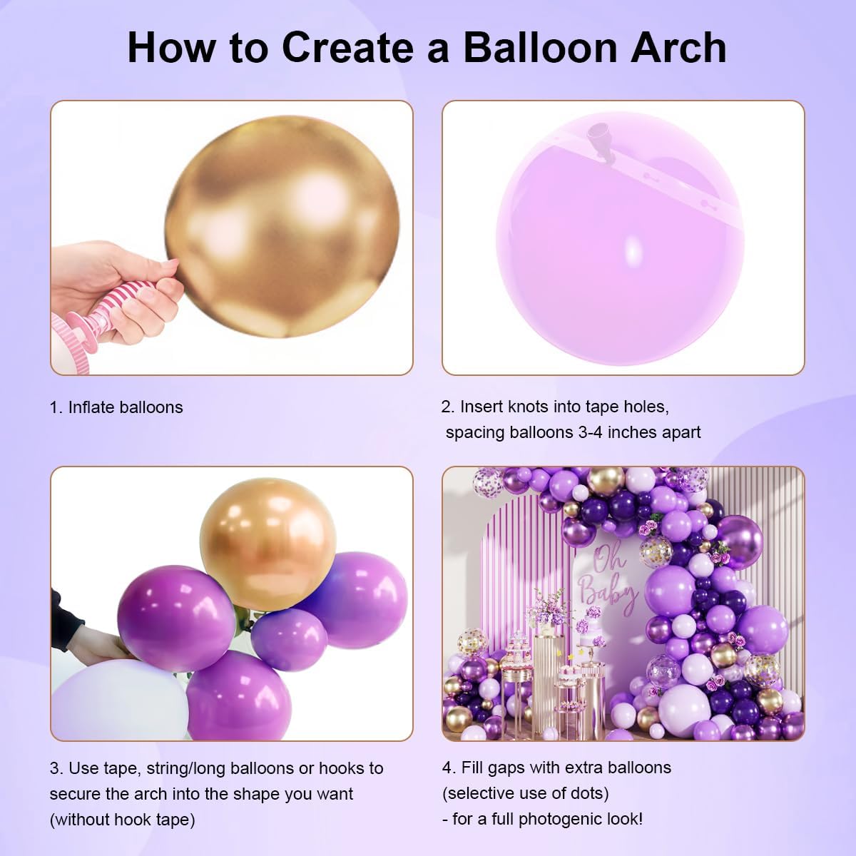 Purple Black and Gold Balloon Arch Kit, 147PCS Latex Balloons Different Sizes 18 12 10 5 inch for Baby Shower Girl Princess Birthday Wedding Engagements Anniversary Party Decoration