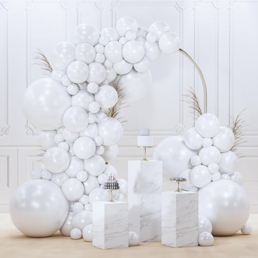 PartyWoo Pearl White Balloons 140pcs Different Sizes Pack of 18 12 10 5 Inch Metallic White Latex Balloon Arch Kit Garland for Wedding Graduation Baby Shower Birthday Party Decorations White-Z30
