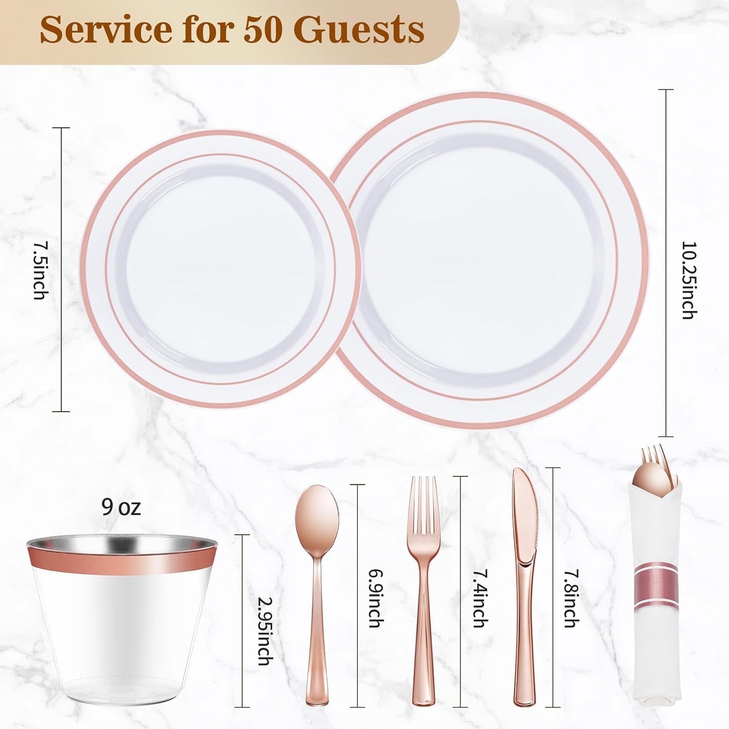 BESTVIP 350PCS Rose Gold Plastic Dinnerware Set, Disposable Party Plates for 50 Guests, Include: 100 Plastic Plates, 50 Pre Rolled Napkins with Rose Gold Silverware, 50 Cups for Christmas, Halloween