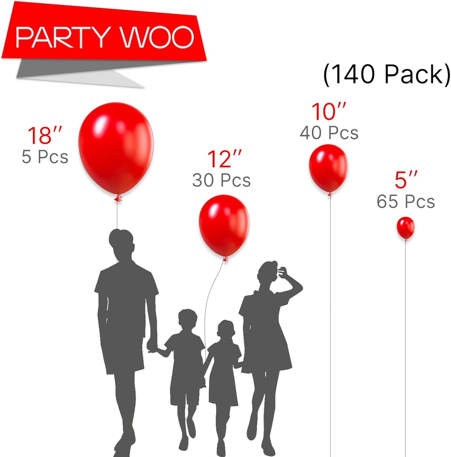 PartyWoo Red Balloons 140pcs Different Sizes of 18 12 10 5 Inch Matte Red Latex Balloon Arch Kit Garland for Birthday Graduation Bachelorette Cherry Casino Movie Theme Party Decorations Red-Y57