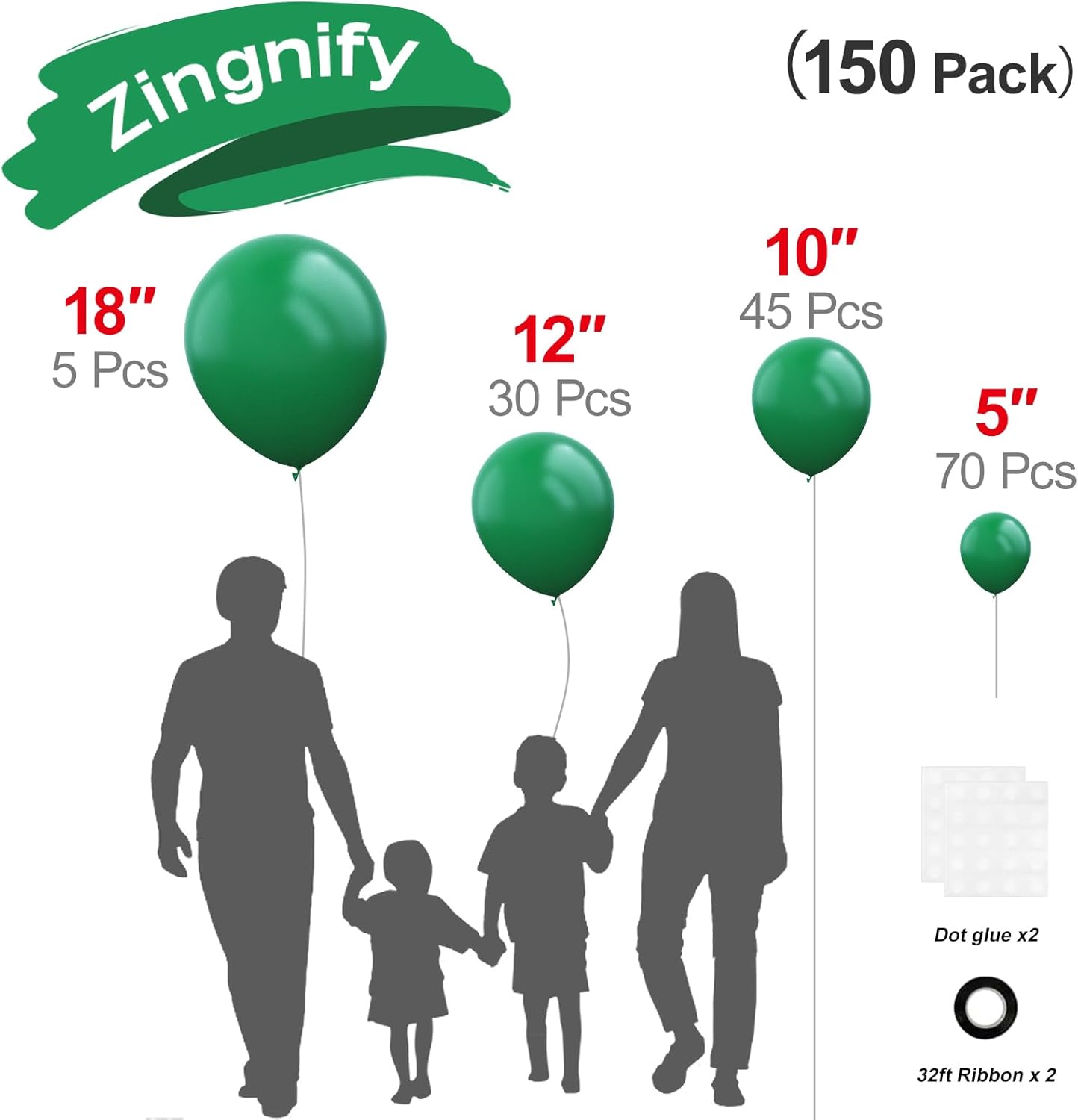 Dark Green Balloons, 150 pcs Different Sizes Pack of 18 Inch 12 Inch 10 Inch 5 Inch Hunter Emerald Forest Green Balloons for Balloon Garland Balloon Arch as Birthday Party Wedding Decorations