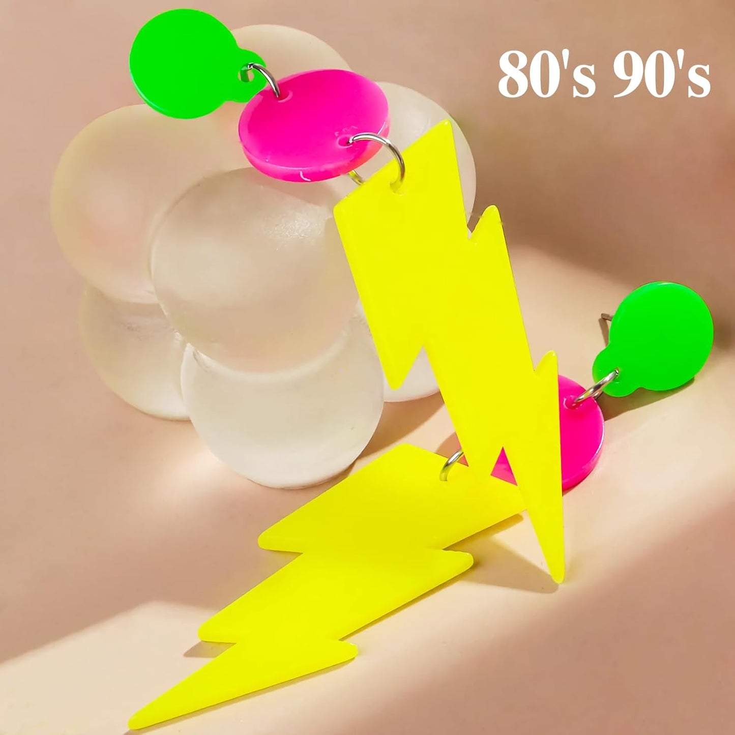 80s Neon Earrings for Women - Acrylic Lightning Bolt Drop Dangle Earrings, Retro Glow Party Accessories for 80s Outfit & Theme Parties (1 Pair)