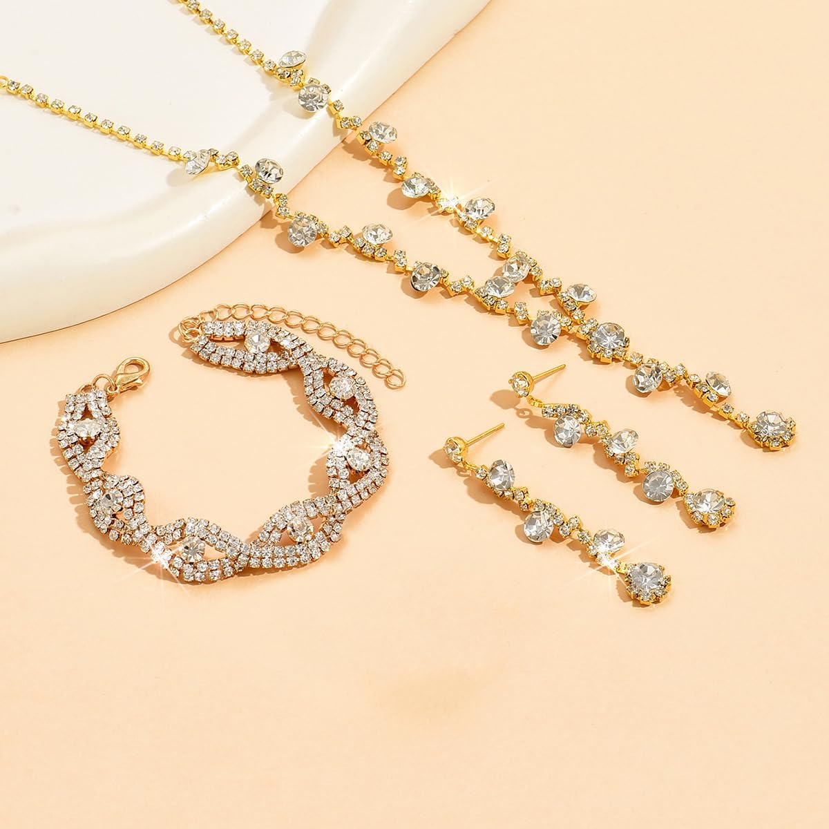 Prom Earrings Necklace Bracelet Set Elegant Crystal Rhinestone Necklace Earrings Bracelet Bridal Wedding Prom Dresses Costume Outfit Gold Jewelry Sets for Women
