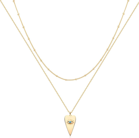 MEVECCO Layered Heart Necklace Pendant Handmade 18k Gold Plated Dainty Gold Choker Arrow Bar Layering Long Necklace for Women