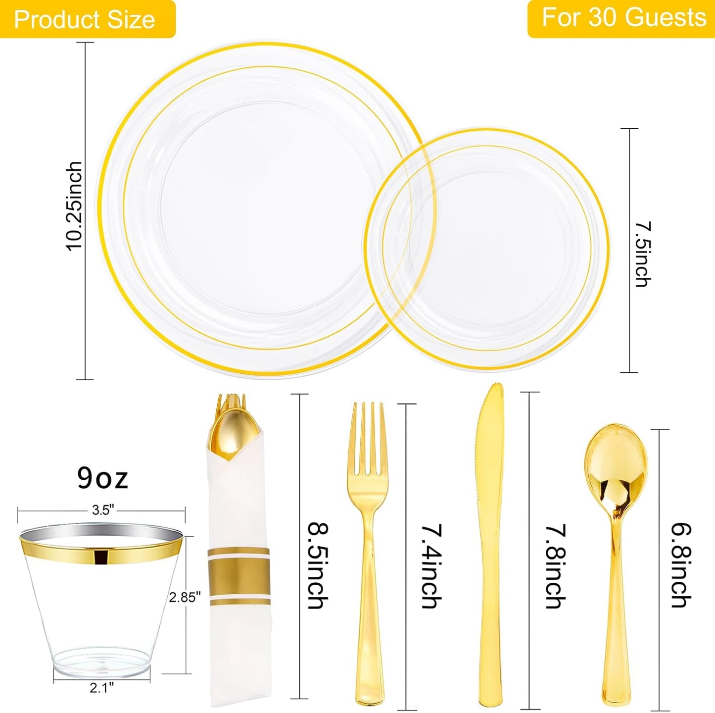 I00000 210Pcs Clear Gold Plastic Plates for 30 Guests, Includes: 30 Dinner Plates, 30 Dessert Plates, 30 Gold Cups, 30 Rolled Napkins with Cutlery