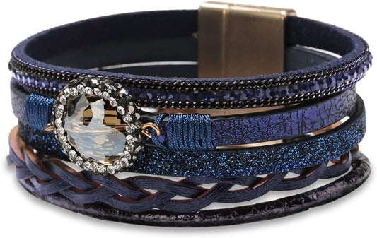 Fesciory Leopard Bracelet for Women, Boho Leather Wrap Multi-Layer Pearl Crystal Bracelet Bangle Jewelry