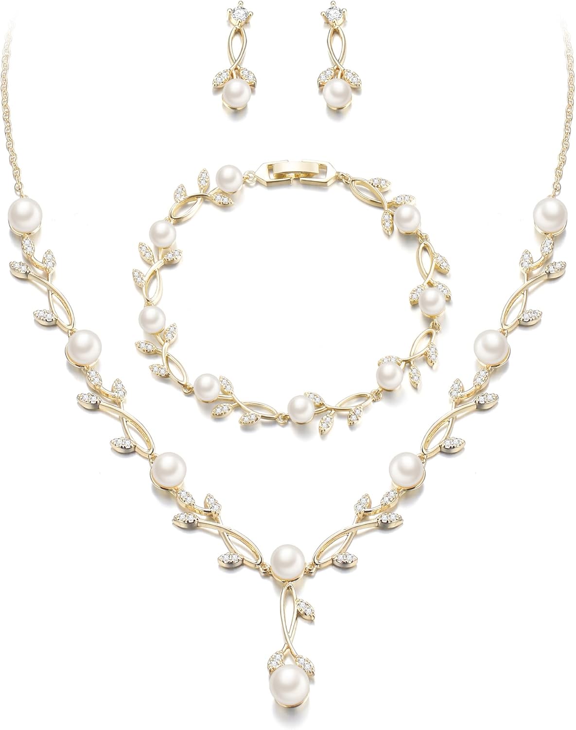 EVER FAITH Bridal Cubic Zirconia Jewelry Sets for Women, White Simulated Pearl Leaf Vine Pendant Wedding Party Necklace Earrings Set for Bridesmaid Bride