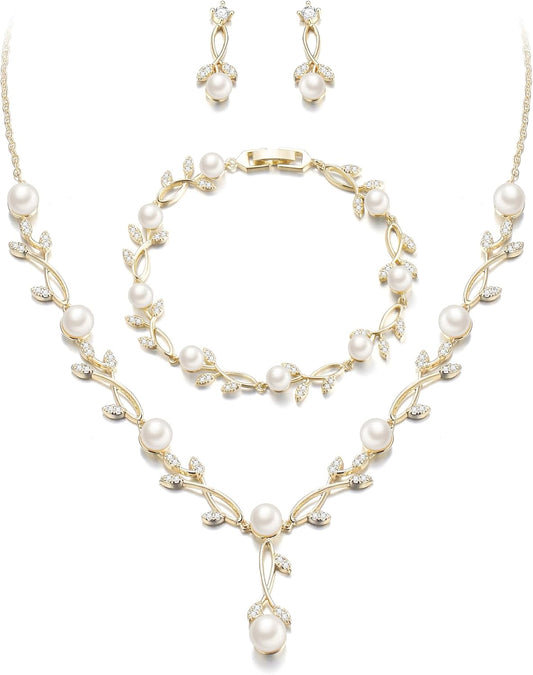EVER FAITH Bridal Cubic Zirconia Jewelry Sets for Women, White Simulated Pearl Leaf Vine Pendant Wedding Party Necklace Earrings Set for Bridesmaid Bride