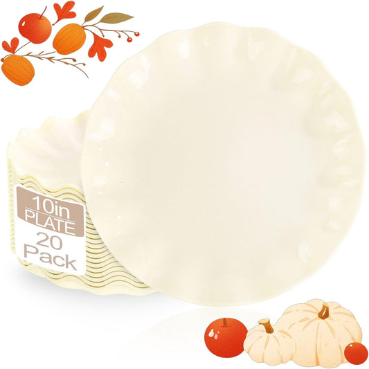 LIYH 20 Pcs 10 Inch Beige Plastic Plates Reusable - Unbreakable Plastic Scalloped Wavy Dinner Plates for Baby Shower Camping Party Outdoor Picnics Dishwasher Safe BPA Free