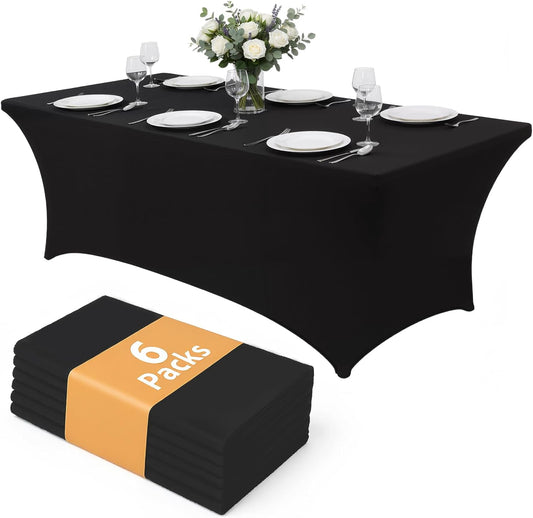 6 Pack 8FT Rectangular Spandex Tablecloth,Wrinkle Resistant Fitted Cover for 96x30 inch Banquet Table Cloth, Washable Stretch Fabric for Party, Events, Wedding, Vendor - Black