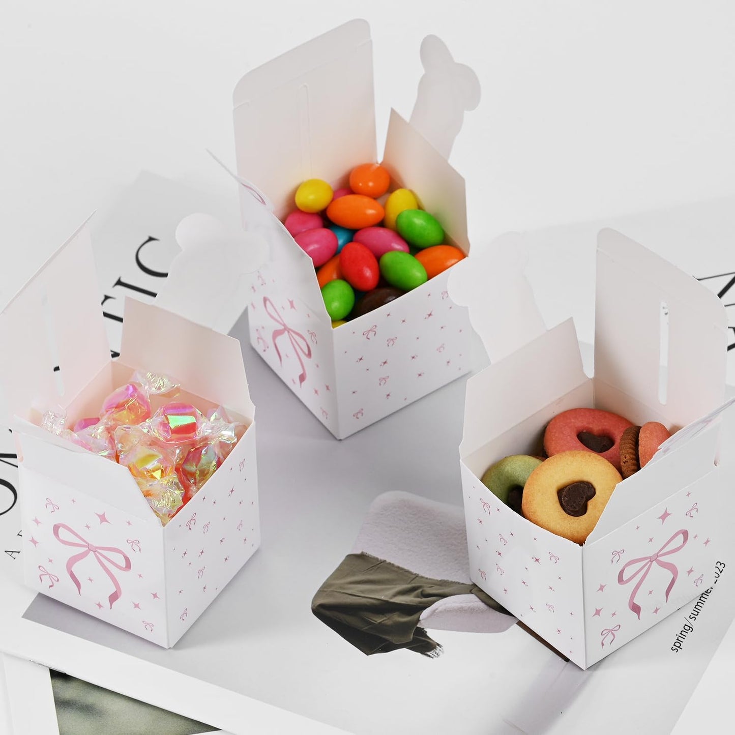 HappFestiv 24 Pcs Pink Bow Party Favor Boxes, 2.17inch Cute Foldable Goodie Boxes for Candy & Snacks, Treat Boxes for Bachelorette Bridal Shower, Birthday Party Supplies, Baby Shower Decorations