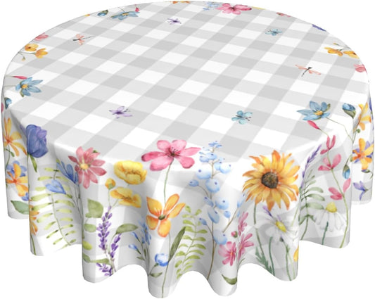 Giwawa Spring Floral Tablecloth Round 60 Inch Watercolor Summer Flower Table Cover with Grey Buffalo Plaids Wildflower Butterfly Table Cloth Polyester Heat Resistance for Kitchen Dining Camping Decor