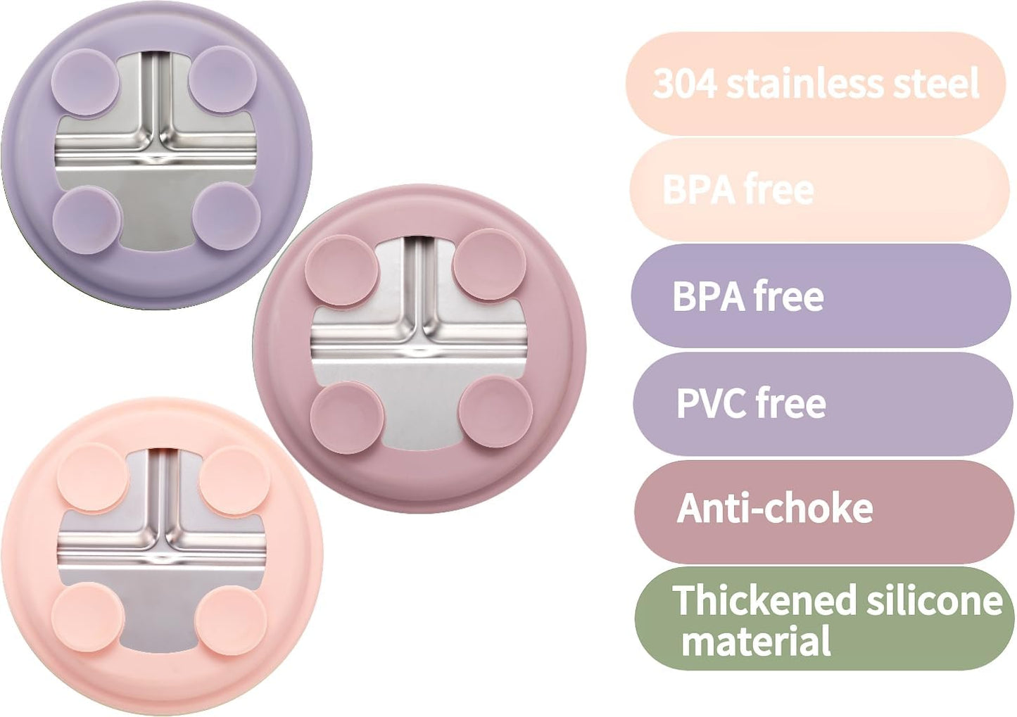3Pack Stainless Steel Kids Plates, 8.1" Divided Kids Plate with Removable Silicone Suction Sleeves for Baby Highchairs, Non Toxic BPA Free Non-Slip Unbreakable Snack Lunch Plates