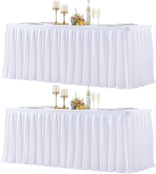 2 Pack White Rectangle Tablecloth 6 FT Stretch Spandex Fitted Table Cloth for 6 Foot Rectangle Tables Banquet Tablecloths Wrinkle Free Table Cover Stitch Ruffle Table Skirt for Party Wedding Birthday