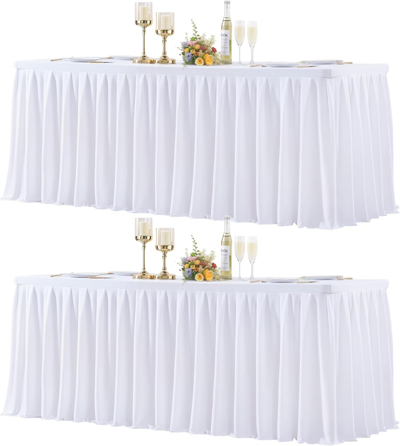 2 Pack White Rectangle Tablecloth 8 FT Stretch Spandex Fitted Table Cloth for 8 Foot Rectangle Tables Banquet Tablecloths Wrinkle Free Table Cover Skirt Ruffle Tablecloth for Party Wedding Birthday