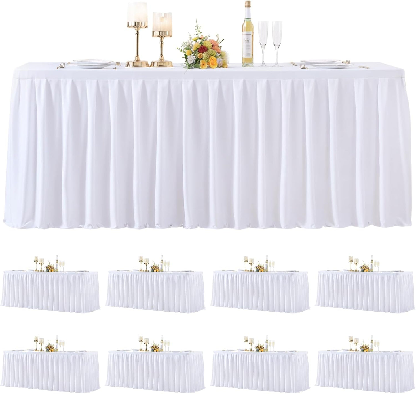8 Pack White Rectangle Tablecloth 8 FT Stretch Spandex Fitted Table Cloth for 8 Foot Rectangle Tables Banquet Tablecloths Wrinkle Free Table Cover Skirt Ruffle Tablecloth for Party Wedding Birthday