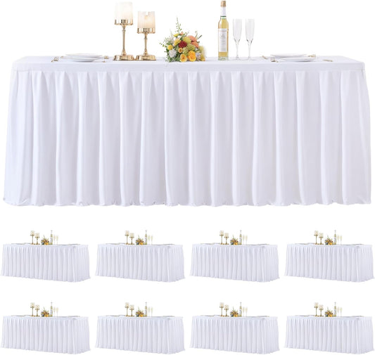 8 Pack White Rectangle Tablecloth 8 FT Stretch Spandex Fitted Table Cloth for 8 Foot Rectangle Tables Banquet Tablecloths Wrinkle Free Table Cover Skirt Ruffle Tablecloth for Party Wedding Birthday
