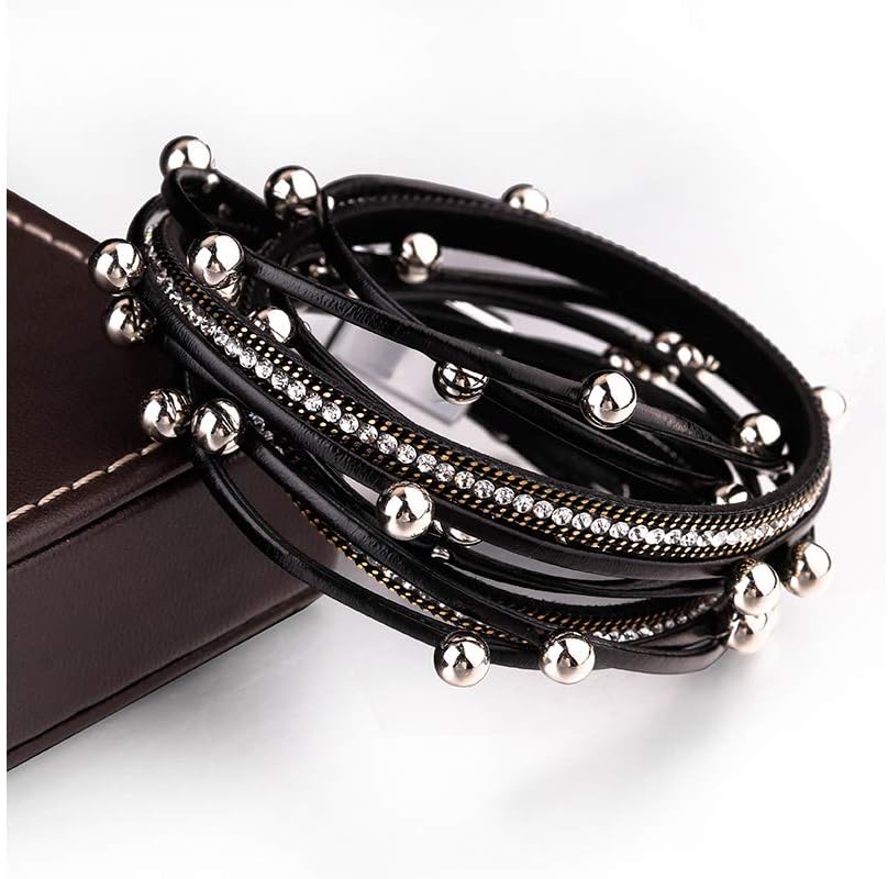 Fesciory Leather Wrap Bracelets for Women, Boho Leopard Multi-Layer Crystal Beads Cuff Bracelet Jewelry