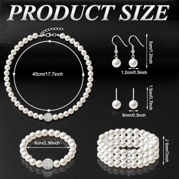Pearl Jewelry Set for Women Faux Pearl Costume Jewelry Set with Necklace, Bracelets, Ring, Earrings for Wedding Bridal Birthday Tea Party