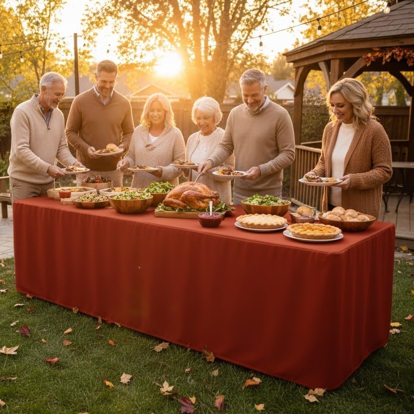 HolidayIdeas 8ft Fitted Table Covers for Home Gathering, 30 x 96 Inch, 2 Pack Rectangle Tableclothes Polyester Fabric Table Covers for Thanksgiving Decor, Parties, Holiday Dinner, Trade Show,Rust