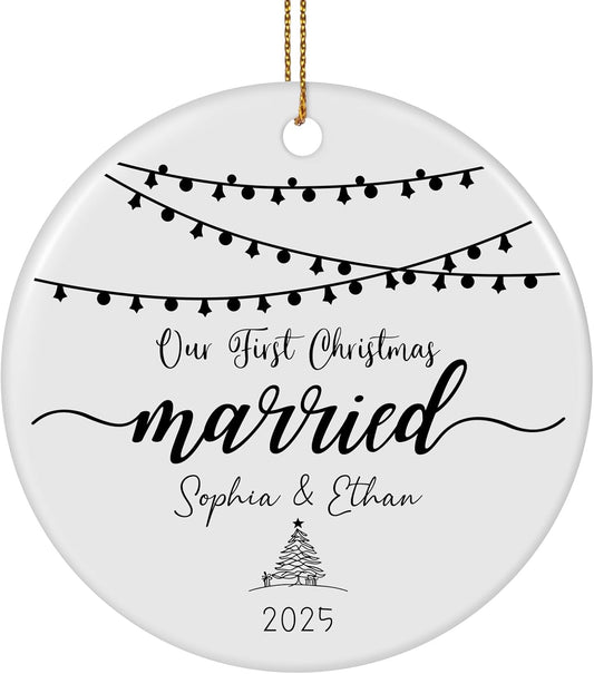 Personalized First Christmas Married Ornament 2025, Custom Engaged Christmas Ornaments with Names, Customized Wedding Engagement Gifts for Newlywed Couples Him Her